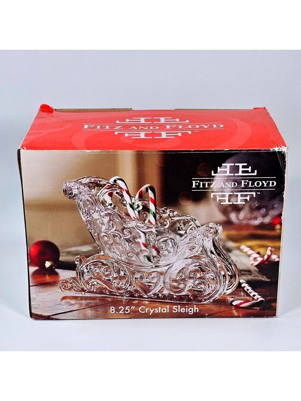 Fitz and Floyd 8.25 Crystal Sleigh Christmas Centerpiece Candy Dish Clear Scroll